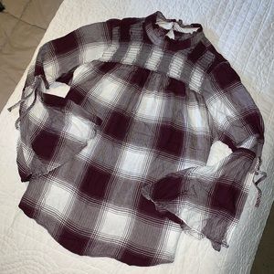 Plaid High Neck Button Bell Sleeve Top
